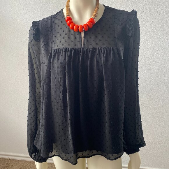 Kaari Blue Tops - Kaari Black Women embroidered dot Black Ruffle semi sheer Long Sleeve Blouse L